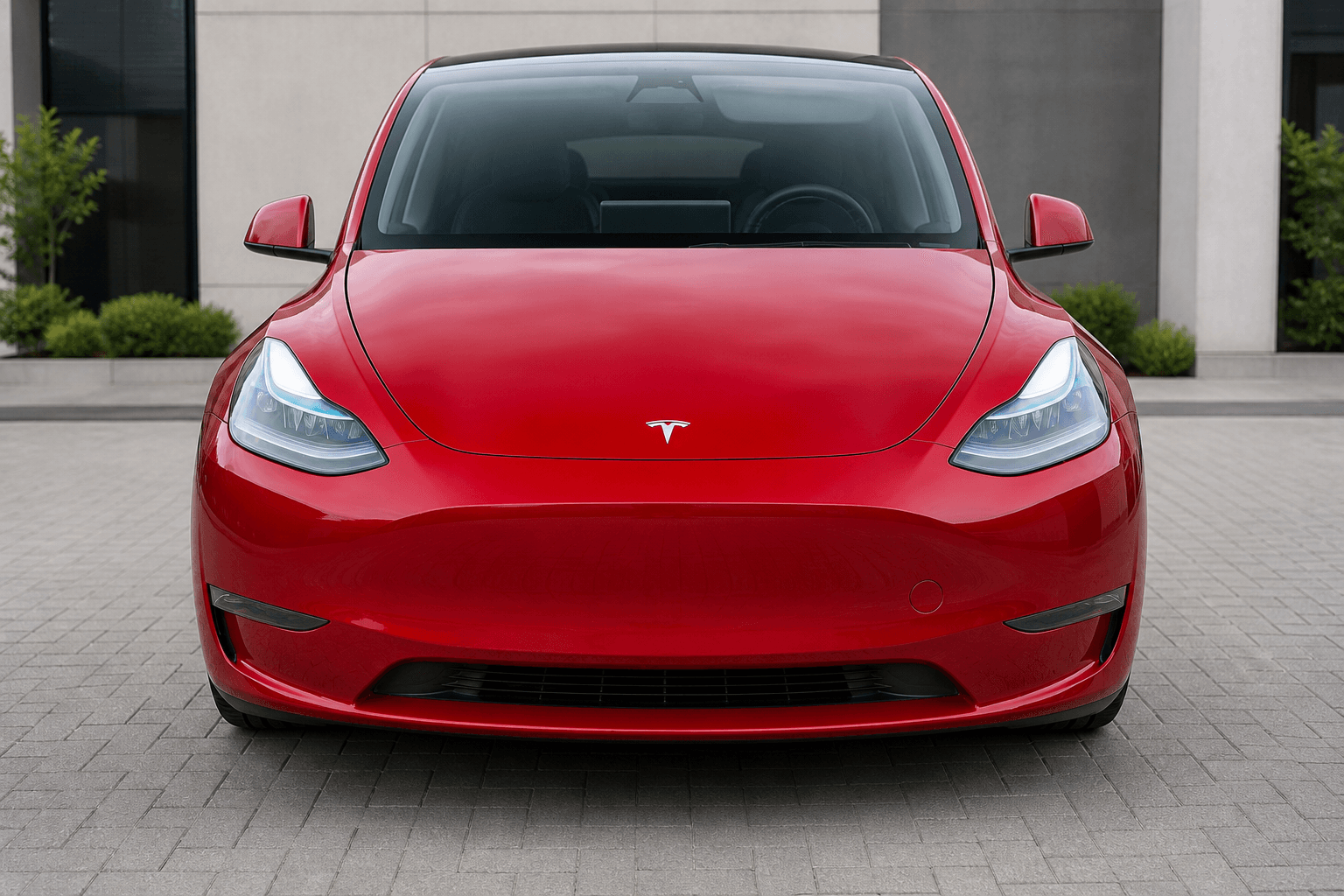 Красная Tesla Model Y Performance 2023 после восстановления, презентационный вид спереди